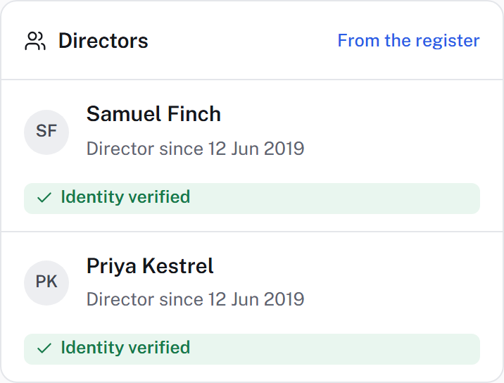 A list of two directors read from the Companies House register, each marked Identity verified.