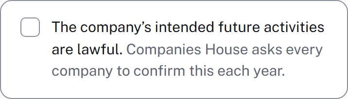 A tick box reading: The company's intended future activities are lawful. Companies House asks every company to confirm this each year.